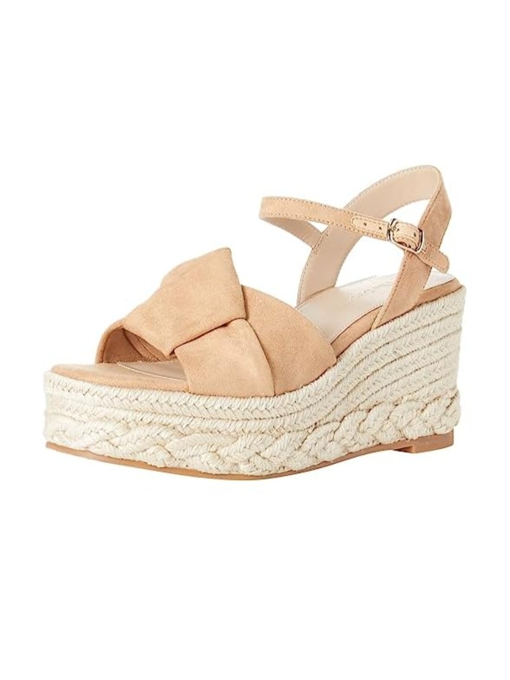 Beige Knot-Front Espadrille Wedge Sandal with Ankle Strap